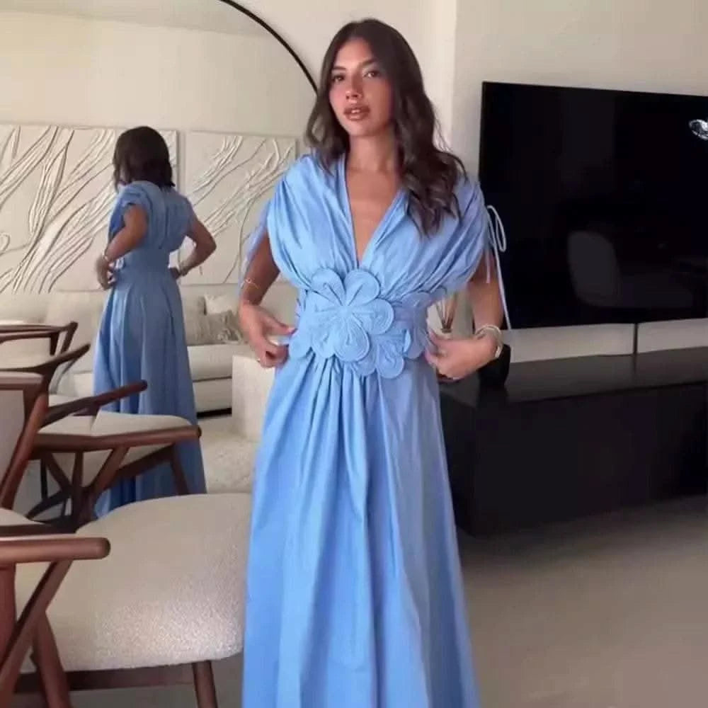 Blue V-Neck Waist-Fitted Bow-Decored Long Dress For Women Fashionable And Elegant European And American Style - M & M Global