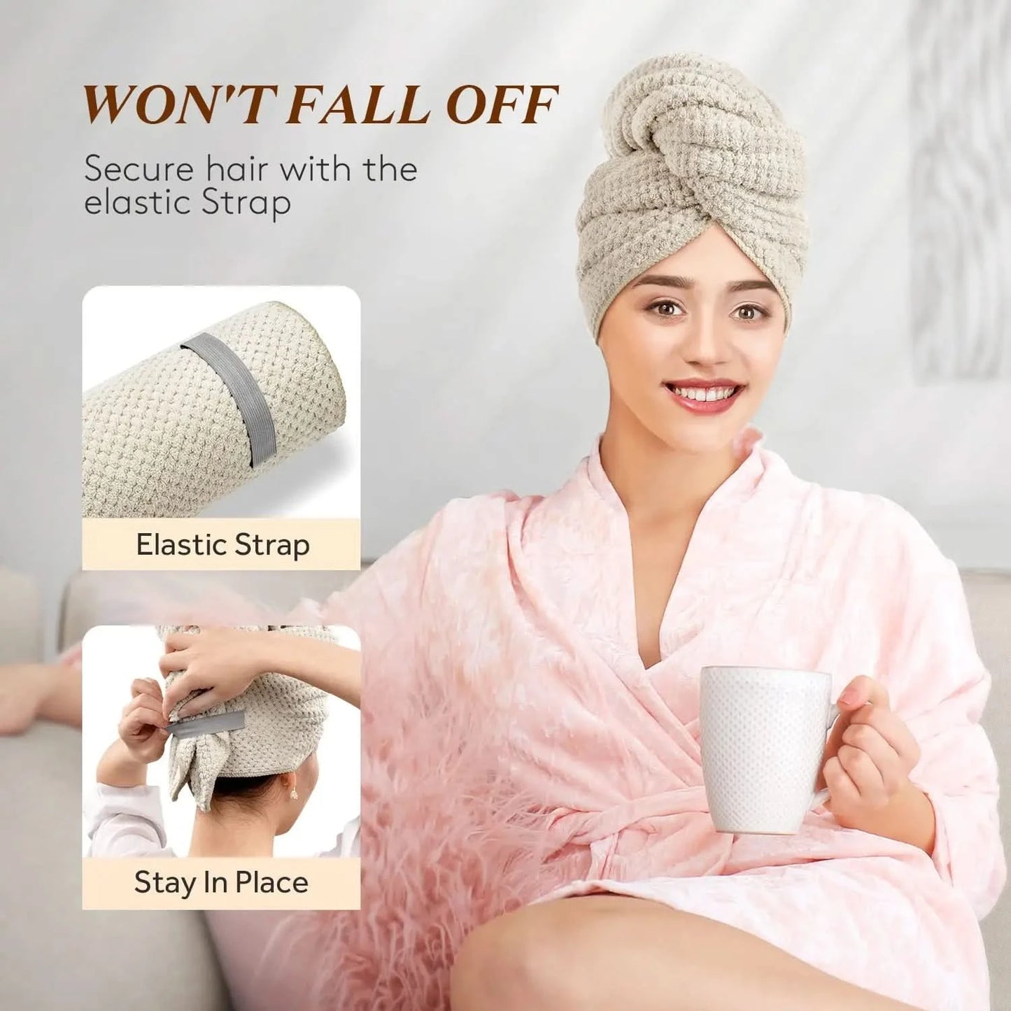 Microfiber Hair Towel Extra Large Wrap Quick Dry Hair Towel Wrap With Elastic Band , Ultra Absorbent Soft Hair Towel Wrap Turban - M & M Global