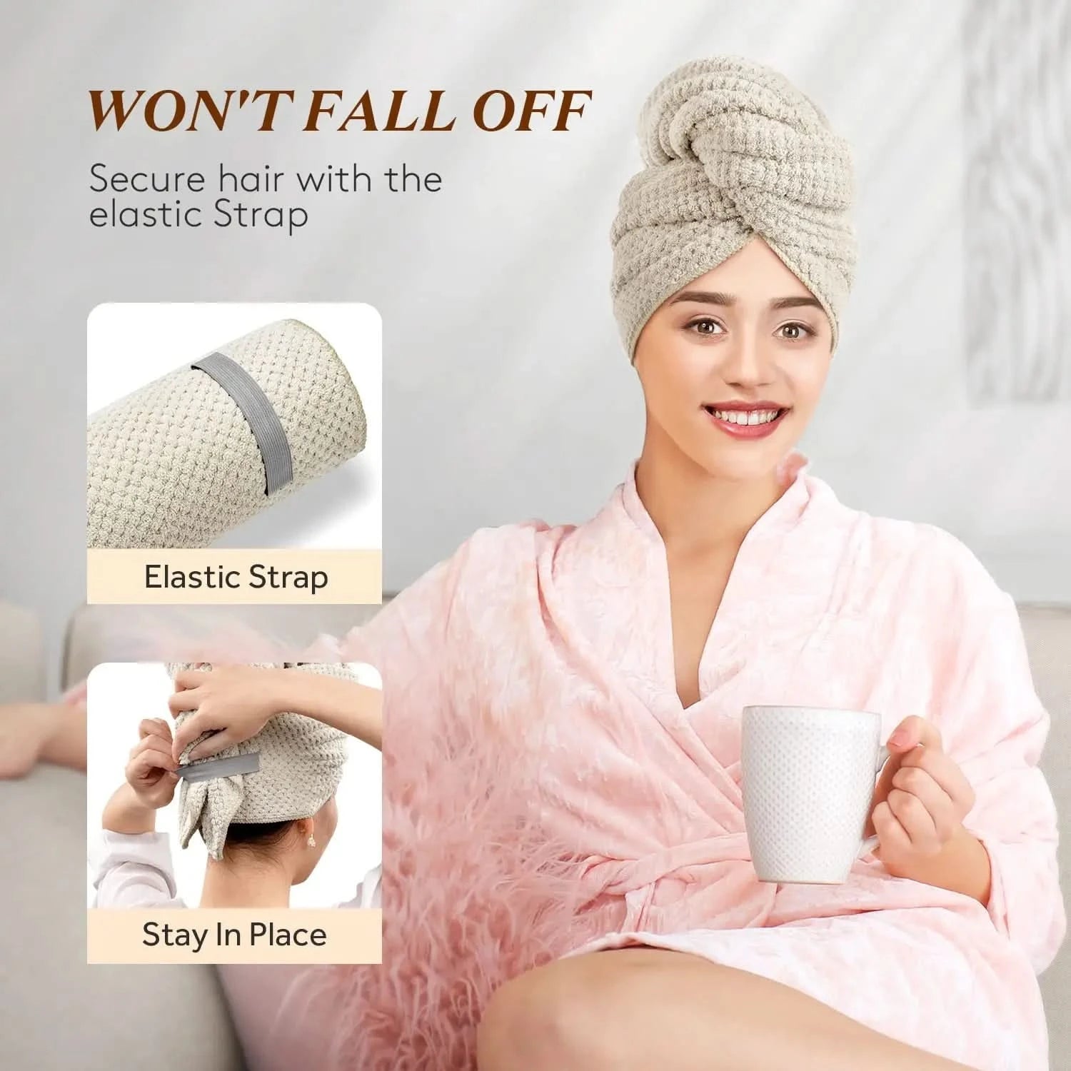 Microfiber Hair Towel Extra Large Wrap Quick Dry Hair Towel Wrap With Elastic Band , Ultra Absorbent Soft Hair Towel Wrap Turban - M & M Global