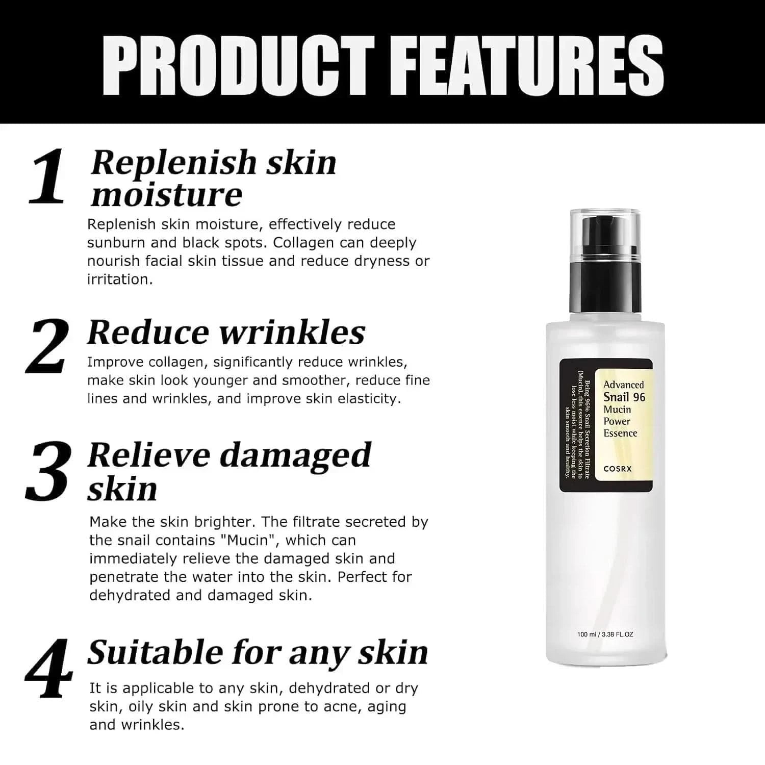 Snail Mucin 96% Korean Skin Care Facial Essence Fading Fine Lines Repair Essence Firming Facial Snail Brightening Anti-Aging - M & M Global