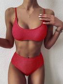 Sexy Sequin Bikini Shiny Solid Pink Push Up High Waist Bikini Set Female High Cut Bathing Suit Halter Top Swimwear Beachwear - M & M Global
