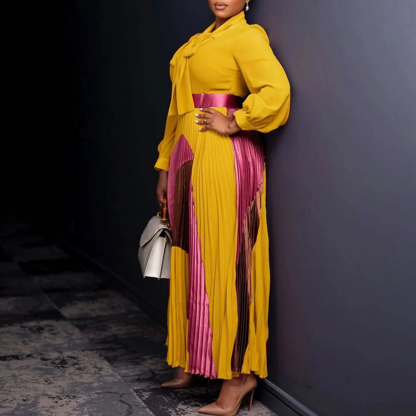 CM.YAYA Elegant Women Wraped Bow Neck Long Sleeve with Sashes Maxi Long Dress Chic INS Sexy Party Prom Big Swing Pleated Dresses - M & M Global