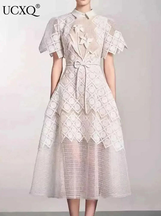 UCXQ Elegant Long Dress Fairy Style Embroidery Lace Patchwork Short Sleeve Waist Party Dresses For Women 2025 Spring Summer 9302 - M & M Global