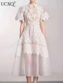 UCXQ Elegant Long Dress Fairy Style Embroidery Lace Patchwork Short Sleeve Waist Party Dresses For Women 2025 Spring Summer 9302 - M & M Global