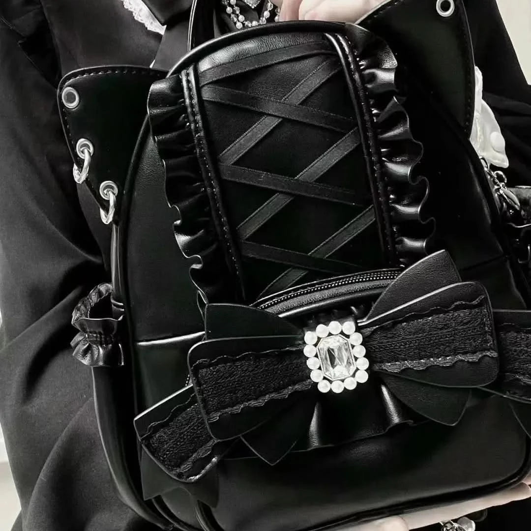 Korean Fashion Y2k Punk Backpack Lace Bow Cat Ear Lotus Lace Decoration Lolita Backbag PU Leather Large Capacity Women Backpack - M & M Global