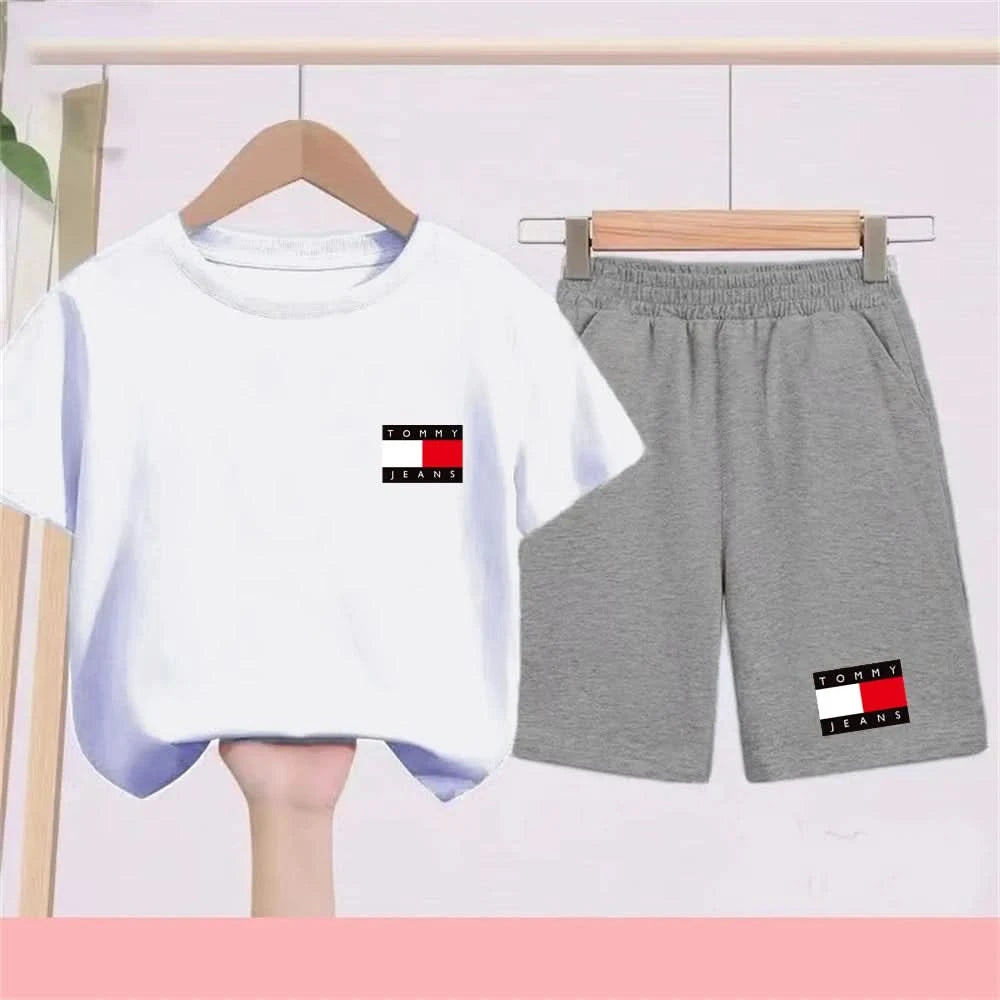 Kids Short sleeve Fashion T-shirt Boys Girls Toddler 3-12Yrs Tops and bottom Sunshine Casual Set outdoor sport black Clothes - M & M Global