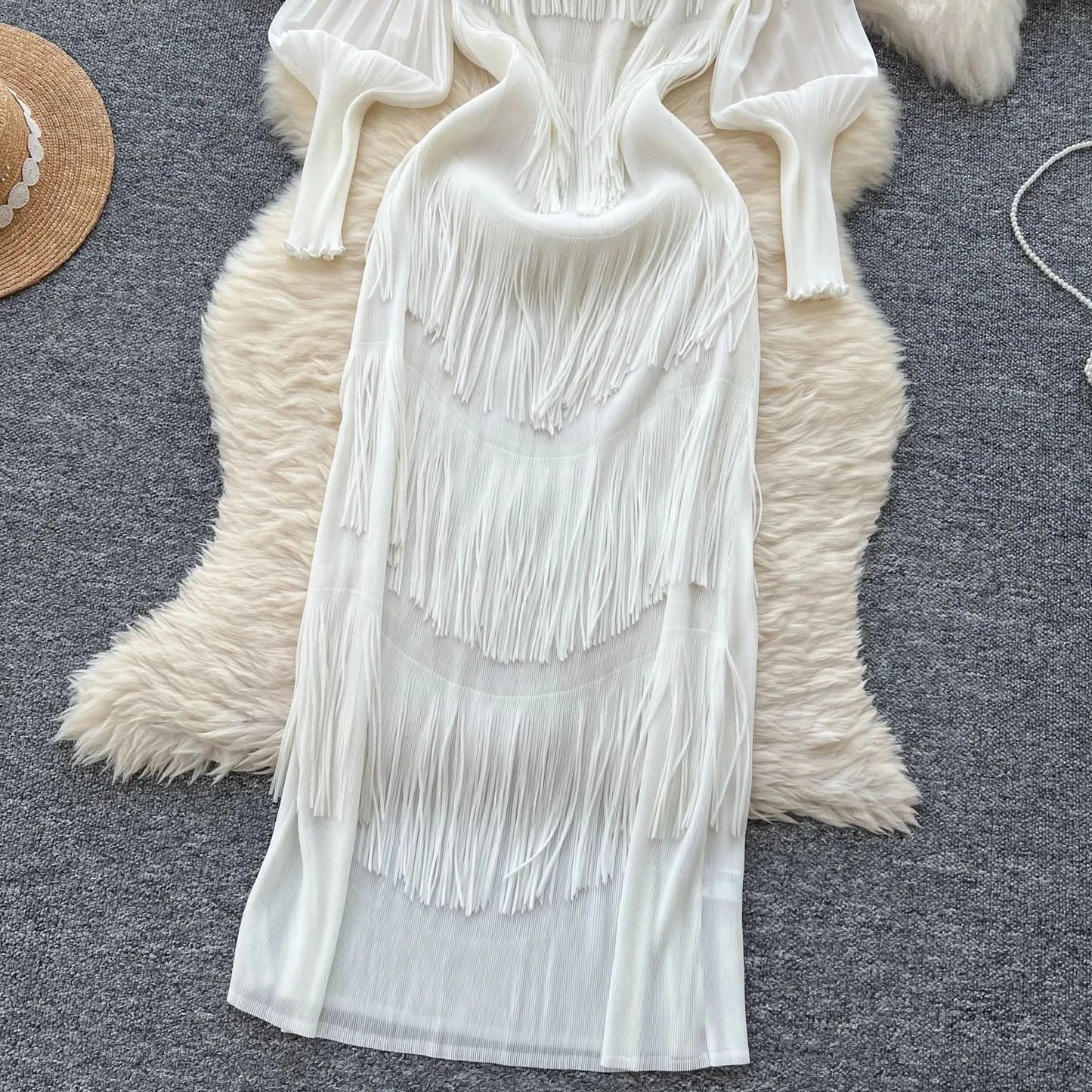 Vintage O-Neck Elegant Long Lantern Sleeve Chic Tassel Slim Long Dress French Fashion Evening High Street Autumn Winter Clothing - M & M Global
