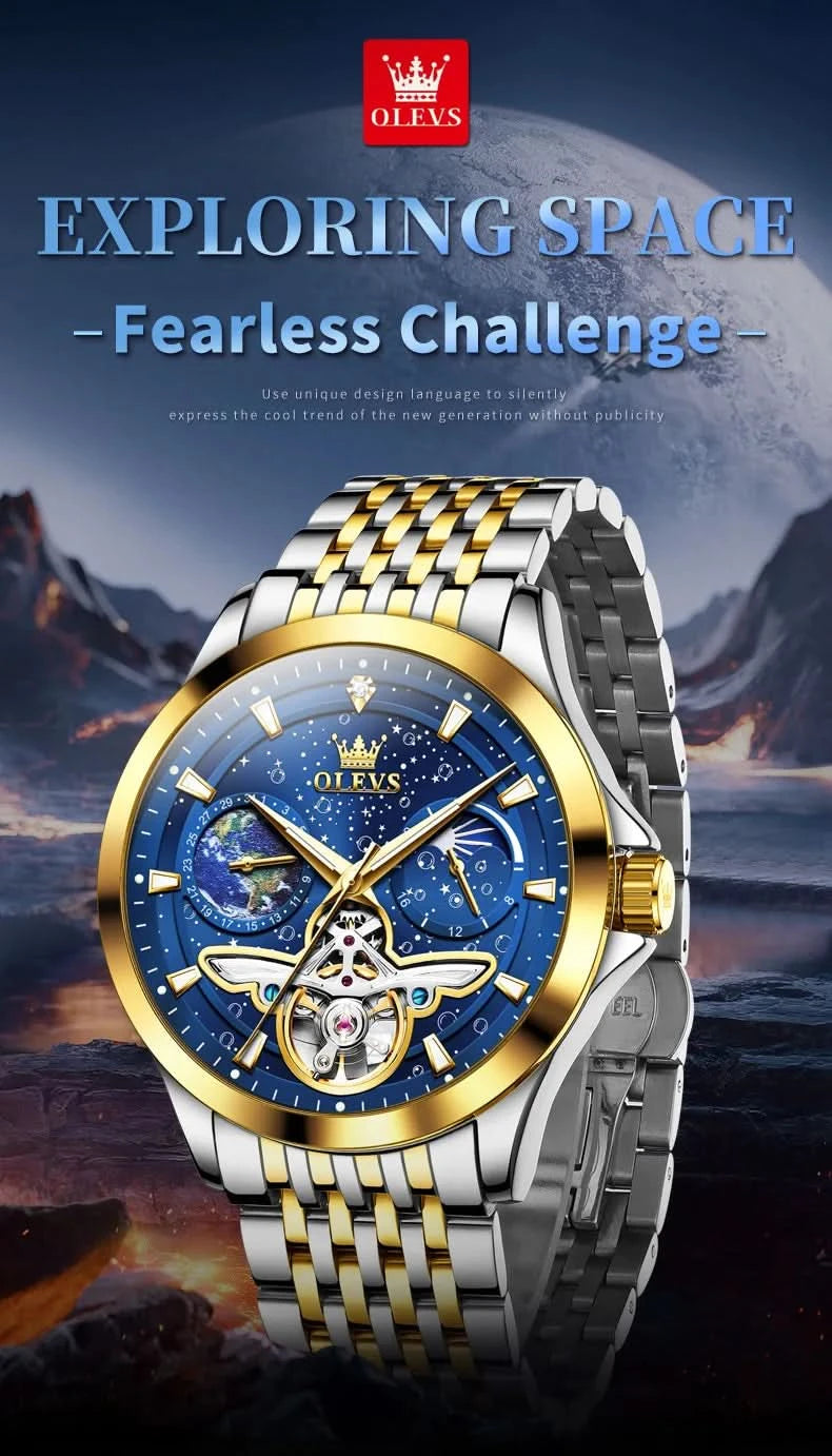 OLEVS Luxury Brand Men's Watches Luminous Waterproof Fully Automatic Mechanical Watch Starry Sky Dial Moon Phase Hollow Out - M & M Global