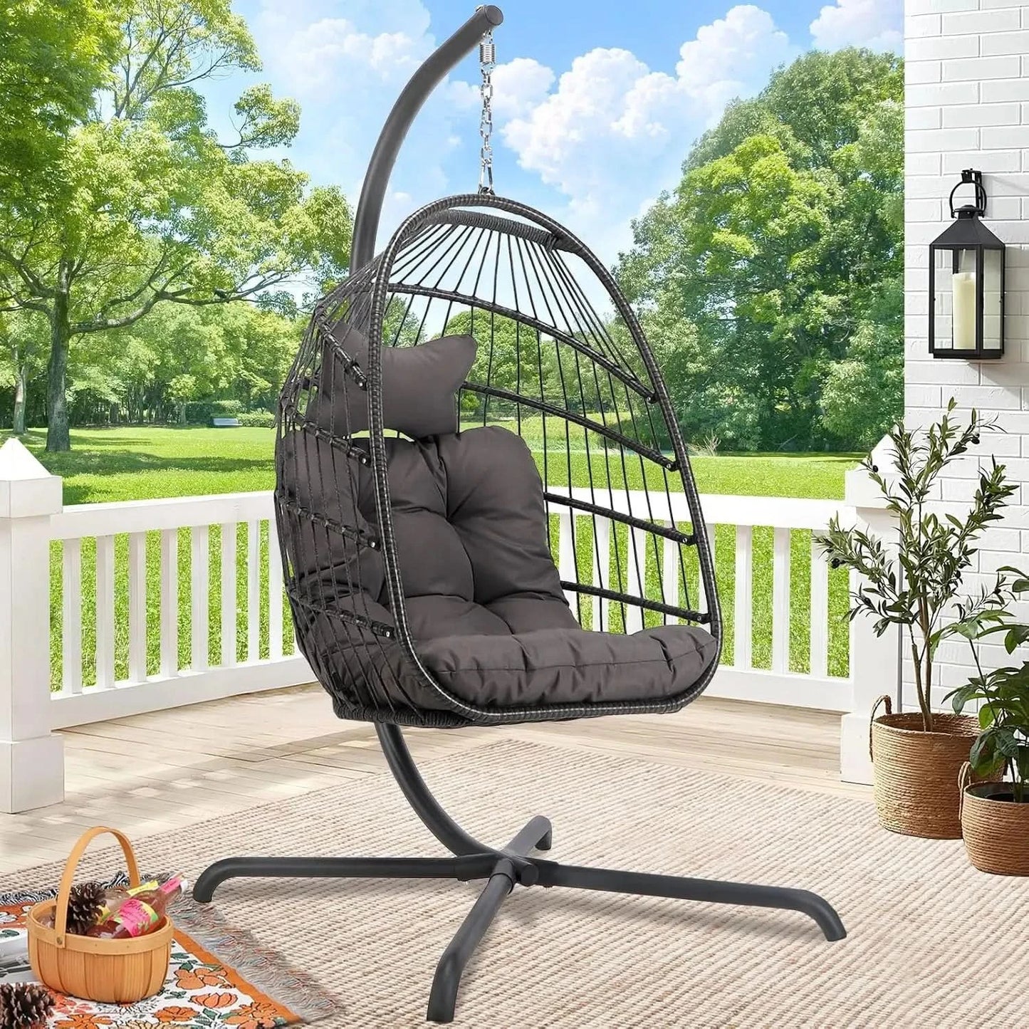 Outdoor Hanging Egg Chair with Stand, 350Lbs Sturdy Wicker Egg Swing Chair for Outside, Comfortable Rattan Patio