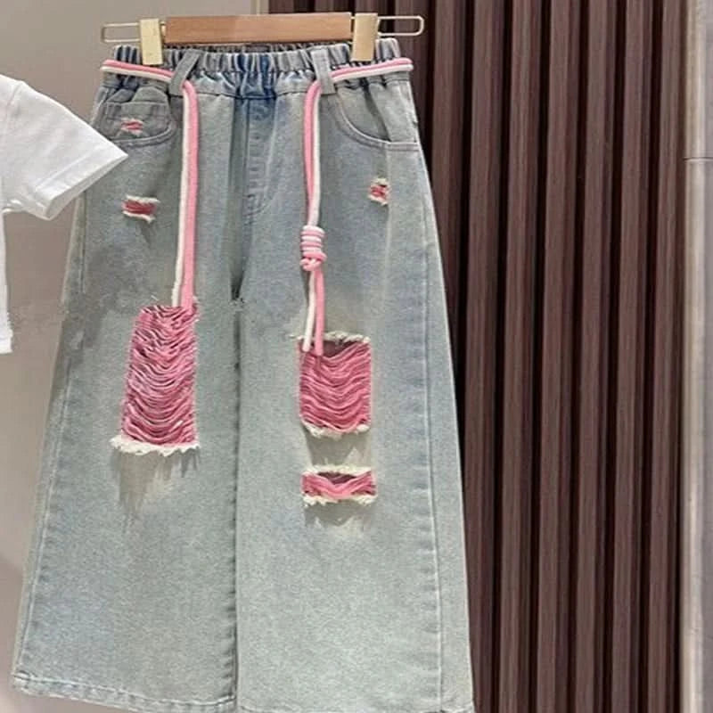 Girls Summer New Short-Sleeved T-Shirt Jeans Big Boy Colorful Denim Ripped Pants Suit Children's Top Foreign Wide-Legged Pants - M & M Global