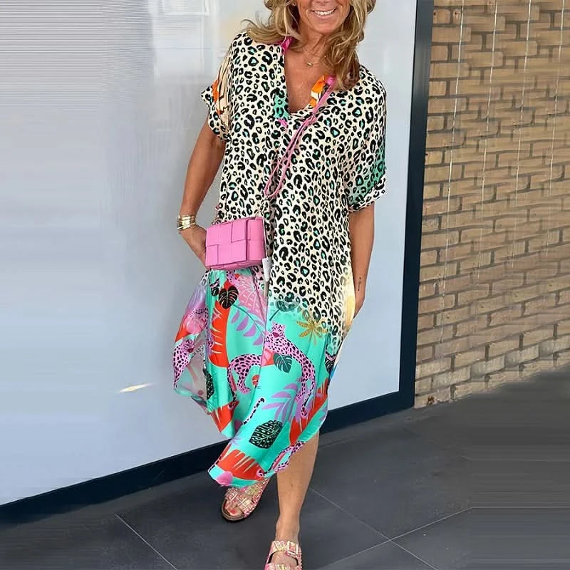 Retro Leopard Print Patchwork Pattern Party Dress Women Sexy V Neck Loose Split Long Dress Spring Summer Short Sleeve Boho Dress - M & M Global
