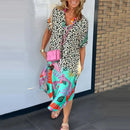 Retro Leopard Print Patchwork Pattern Party Dress Women Sexy V Neck Loose Split Long Dress Spring Summer Short Sleeve Boho Dress - M & M Global