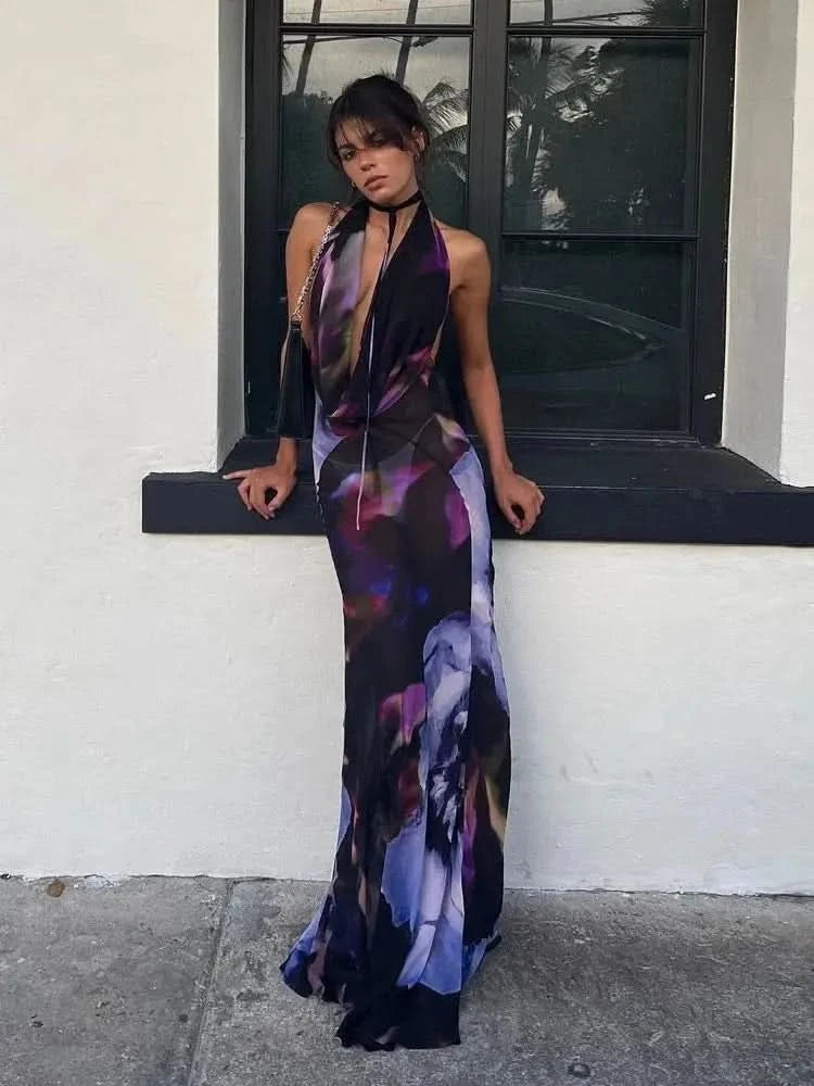 Women Summer Tie-dye Backless Long dress Beach Skirt Cover up - M & M Global