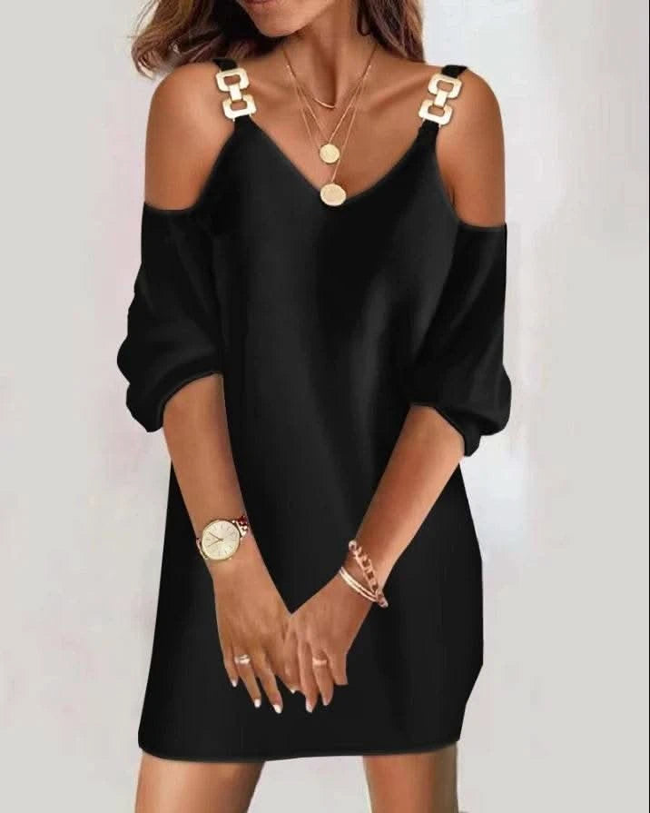 dresses for women 2022 Metal Decor Cold Shoulder Casual Dress Straight Mini Party dresses - M & M Global