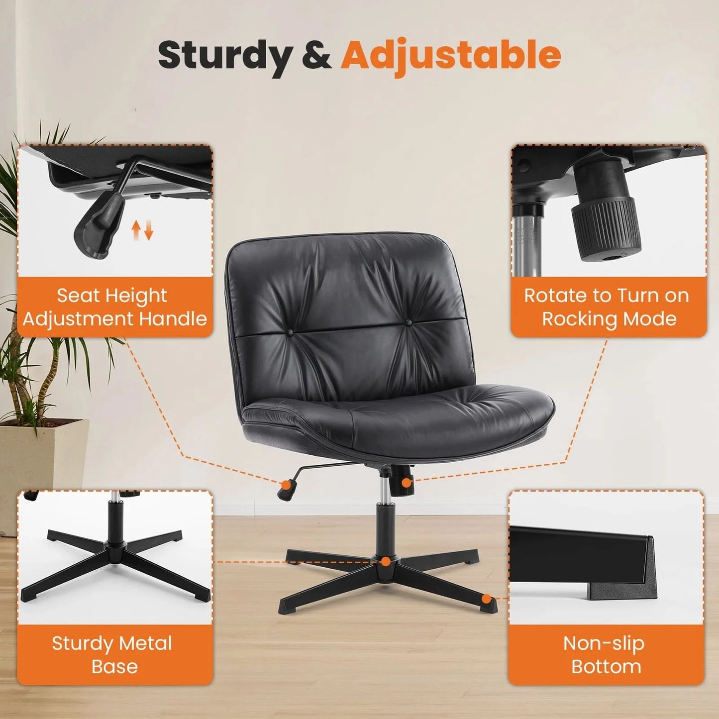 JHK PU Leather Cross Legged Office Chair Armless Desk Chair with Dual-Purpose Base Adjustable Swivel Fabric Task Vanity Home