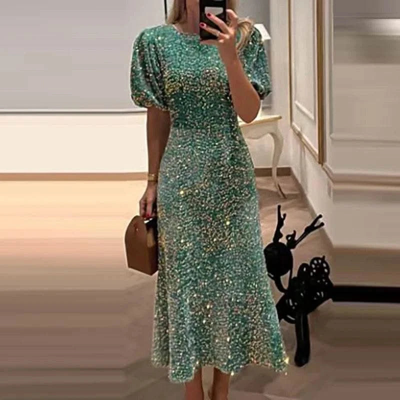 2024 New Lady Temperament Slim Banquet Dress Fashion Shiny Sequin Long Dress Casual O-neck Short Sleeved High Waist Dress Mujer - M & M Global