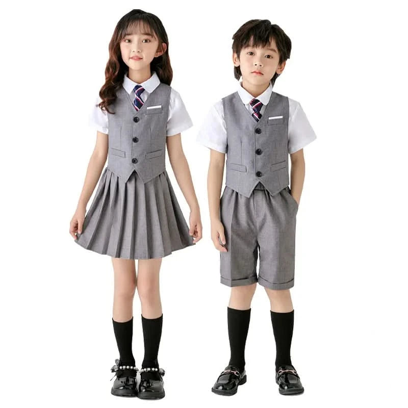 6PCS Summer Kids Weddding Suit Outfit Set Formal Elegant Suit for Kid Boy Kids Shirt Vest Shorts Socks Tie Sticker Clothing Suit - M & M Global