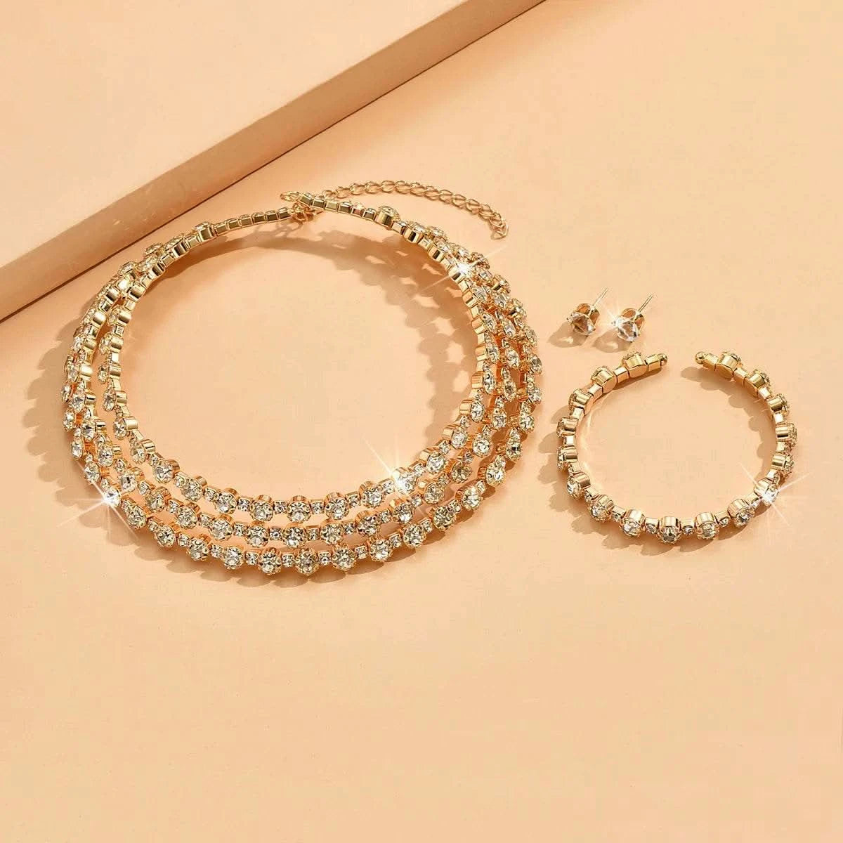 4-piece women's jewelry set with rhinestones, multi-layer collars, earrings, bracelets, wedding party accessories - M & M Global
