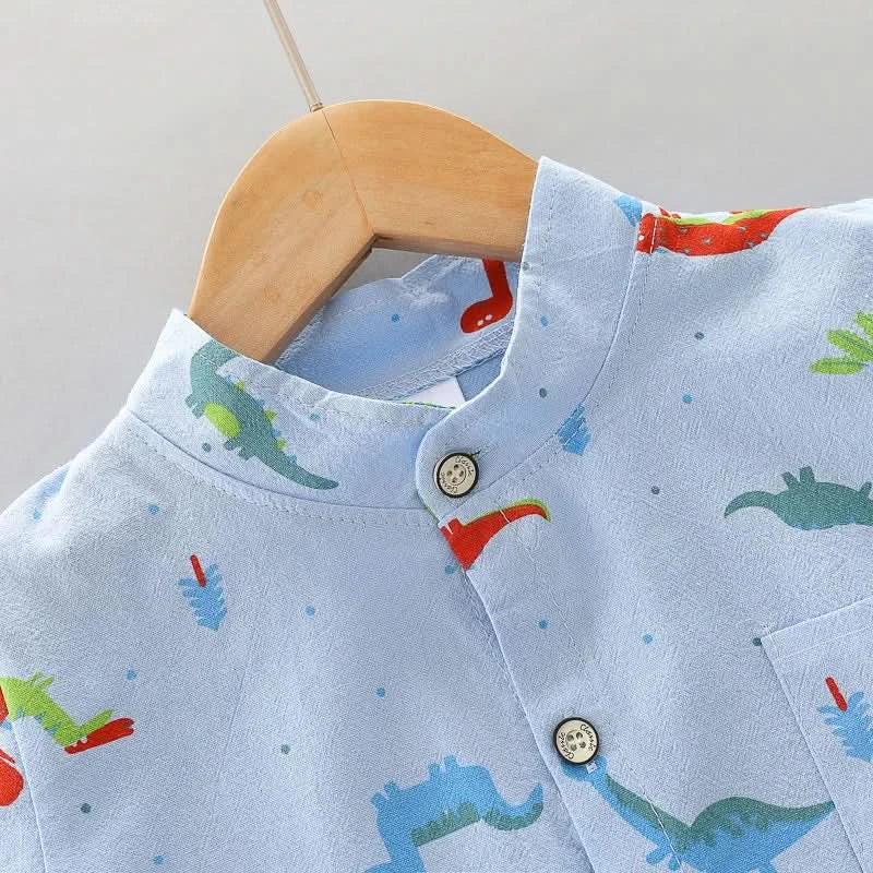 Infants and Toddlers Covered in Printed Cartoon Dinosaur Stand-up Collar Shirt Short Sleeve 2 Piece Set - M & M Global