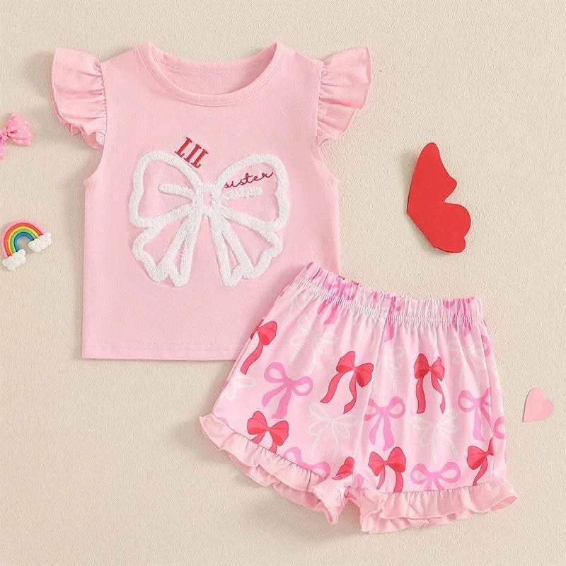 Cute Matching Baby Toddler Brother Outfit Bow Fly Sleeve Tops Elastic Waist Ruffle Shorts 2 Piece Summer Set for Siblings - M & M Global