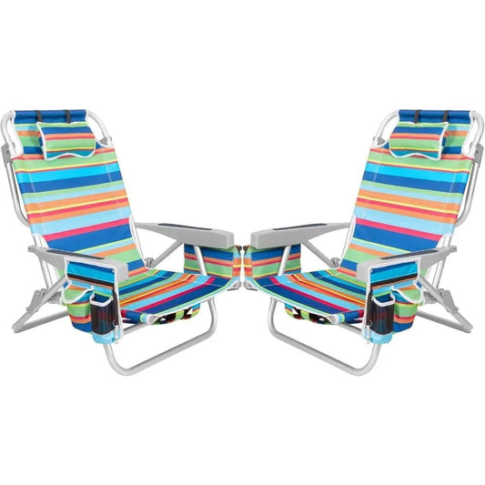 Beach Chairs 5 Position, 2 Pack Portable Folding Backpack Beach Chair Heavy Duty with Cooler Bag, Cup Holder for Outdoor Lawn P