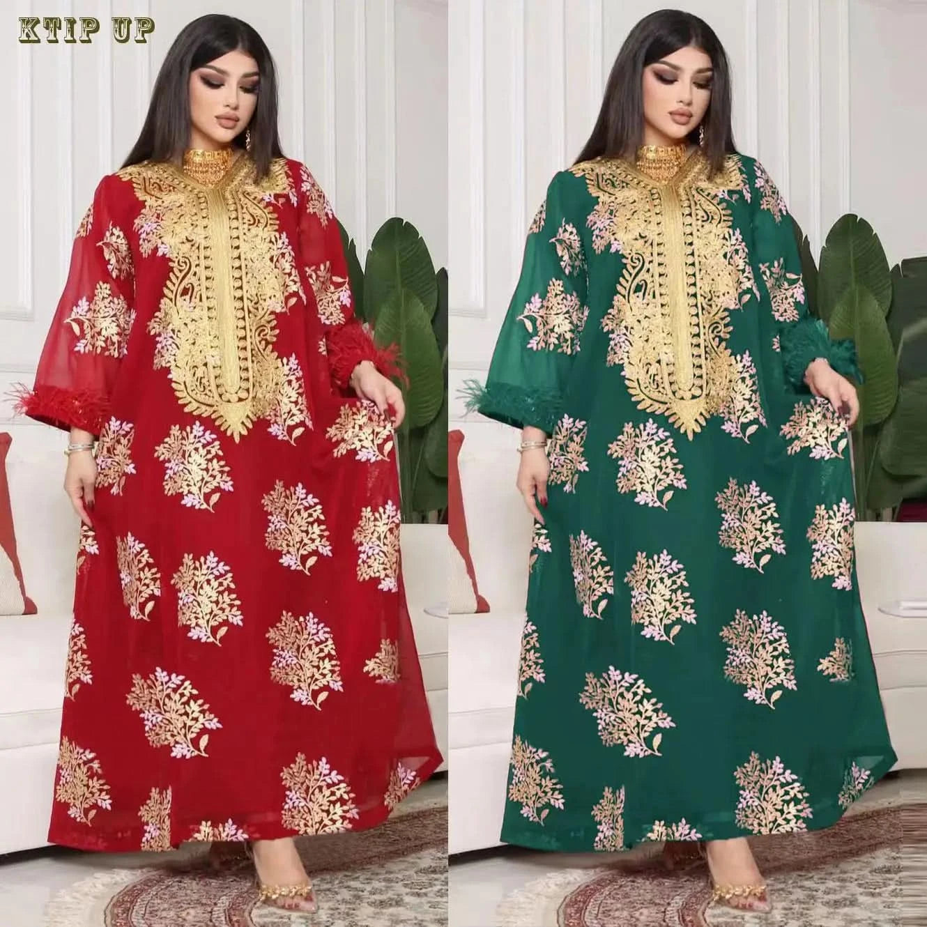 Ramadan Luxury Muslim Fashion Bat Sleeve Moroccan Turkiye Dubai Dress Middle East Arab Dress Sequins Golden Velvet Long Dress - M & M Global