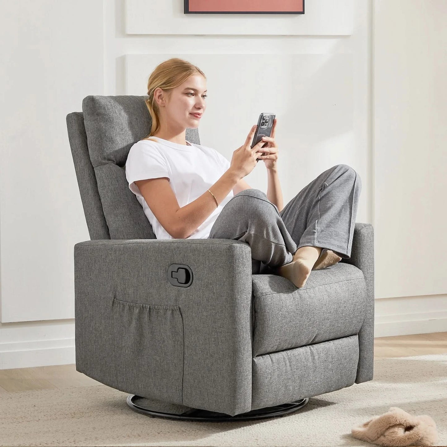 JHK Swivel Rocking Living Room Sofa Manual Upholstered Seating Recliner Angle Adjustable with Extra Large Footrest for Bedroom