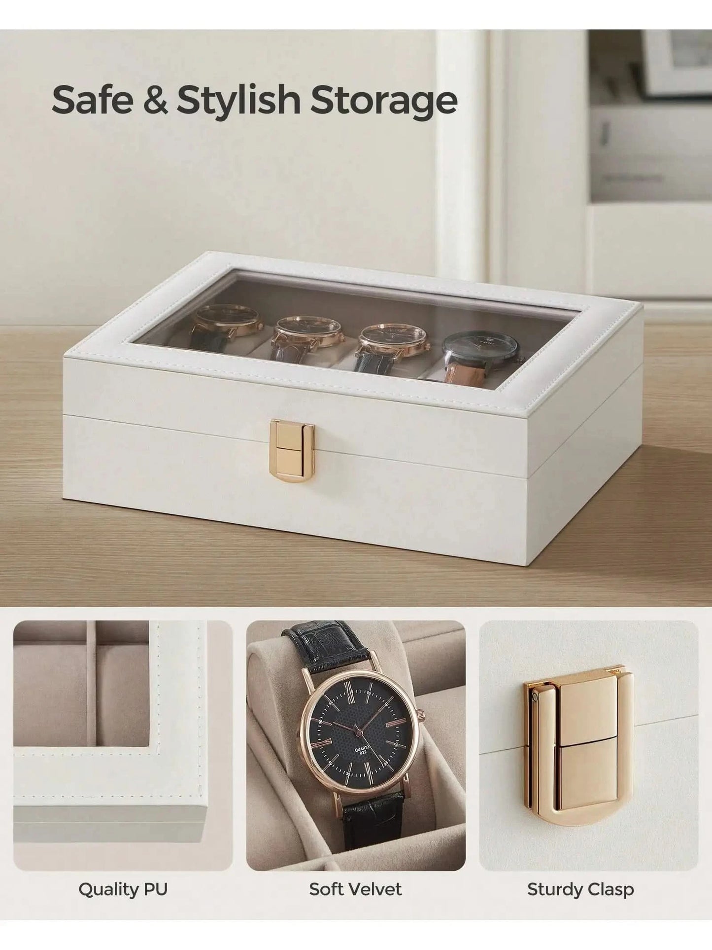 SONGMICS Watch Box, 10-Slot Watch Case with Large Glass Lid, Removable Watch Pillows, Watch Box Organizer, Gift for Loved Ones - M & M Global