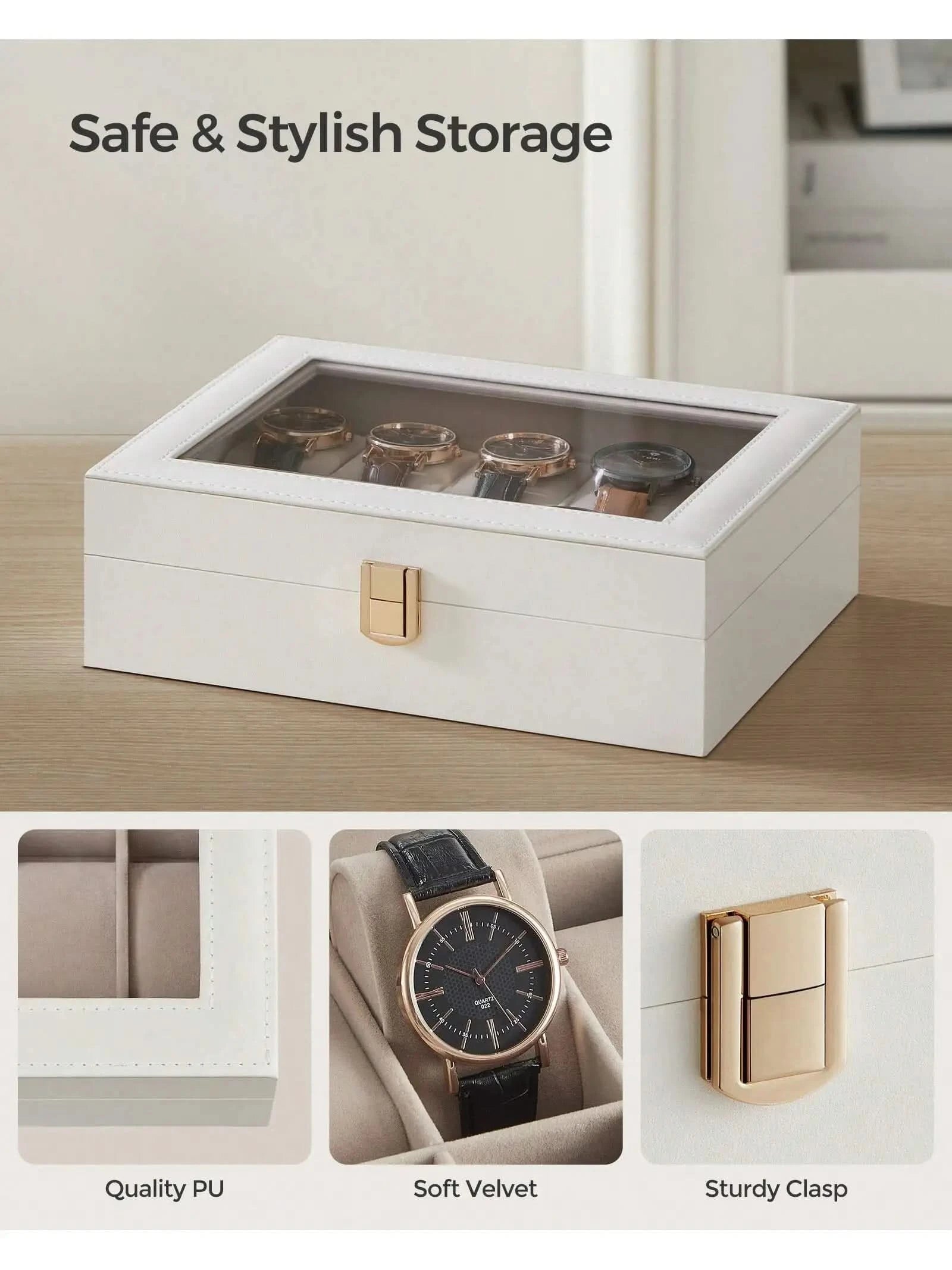 SONGMICS Watch Box, 10-Slot Watch Case with Large Glass Lid, Removable Watch Pillows, Watch Box Organizer, Gift for Loved Ones - M & M Global