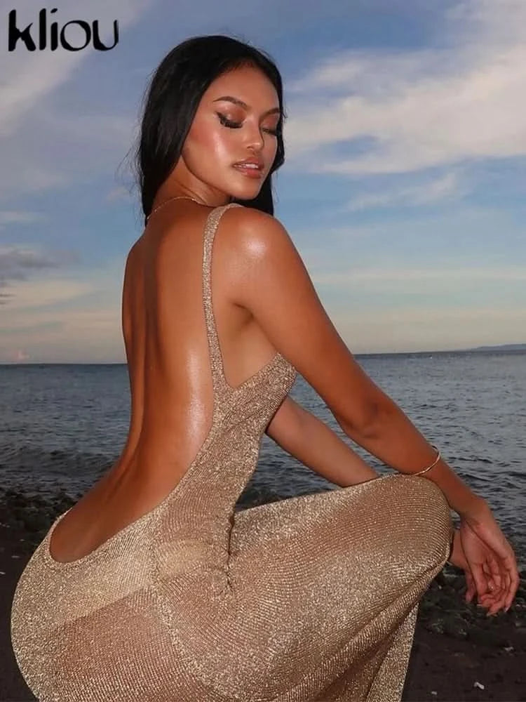 kliou Shiny Long Dress Stunning Women Solid Summer Thin Mesh Sheer Backless Sleeveless Bodycon Female Elegant Fashion Vestidos - M & M Global