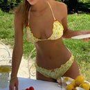 Women Y2k Bikinis Sets Coquette Aesthetic Bows Halter Tie Up Bikini Top High Cut Elastic Waist Bikini Bottom - M & M Global