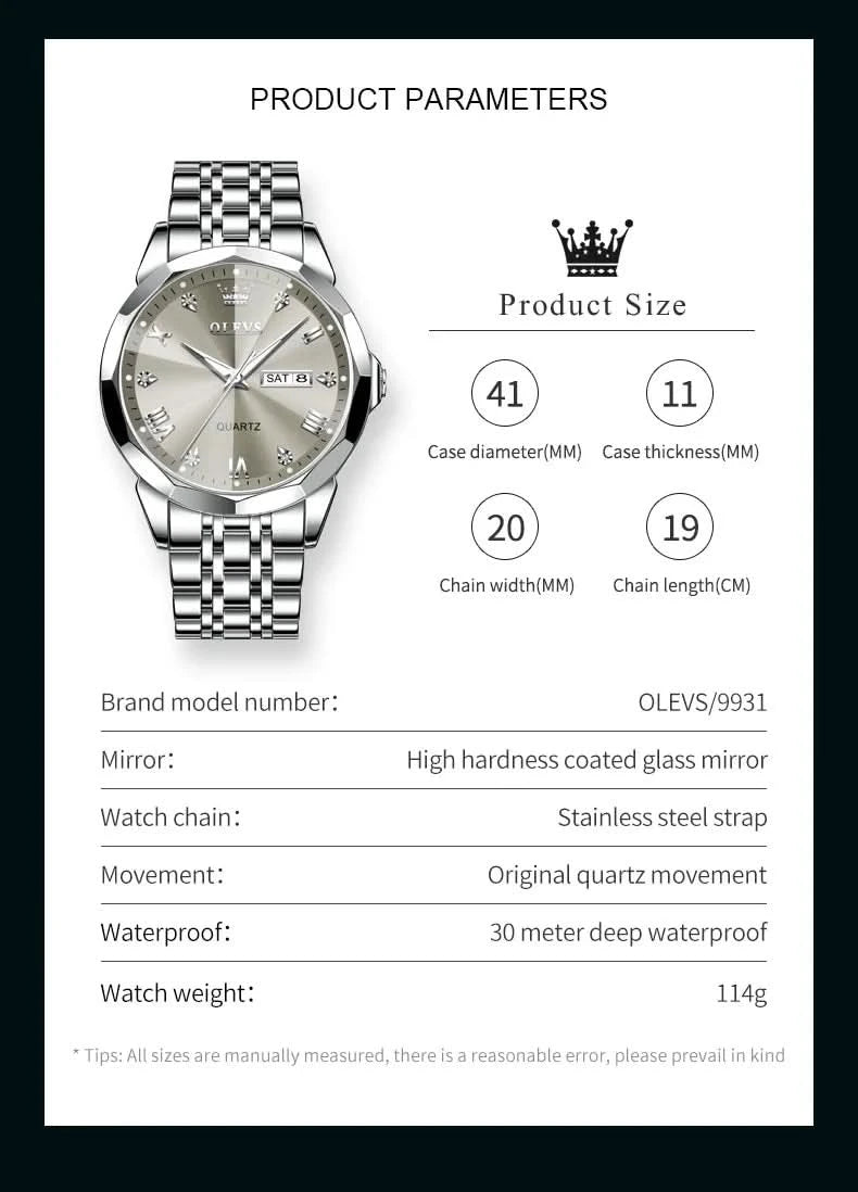 OLEVS Men's Watches Causal Fashion Original Quartz Watch for Man Waterproof Stainless Steel Luminous Date Week Trend Dress Reloj - M & M Global