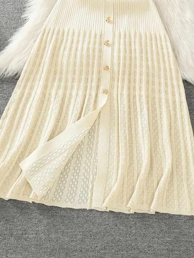 Summer 2024 New Women's Black Beige Single Breasted Knitted Long Dress Green Elegant Office Lady Short Sleeve Pleated Dress Chic - M & M Global