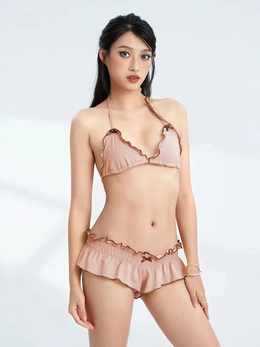 Women Bikini 2024 Patchwork Sleeveless Padded Bra And Frills Thong Bottoms Bikini Women Summer Beach Padded Up Bathing Suits - M & M Global