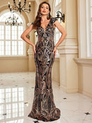 Luxury V-Neck Cap sleeve Sequins Evening Dresses Women Elegant V-back Wedding Party Long Prom Cocktail Gowns
