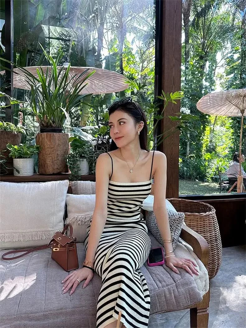 Striped Knitted Slim Dresses Women's Summer Skinny Sleeveless Bodycon Long Dress Casual Holiday Wrap Hip Sundress - M & M Global
