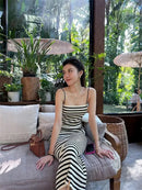 Striped Knitted Slim Dresses Women's Summer Skinny Sleeveless Bodycon Long Dress Casual Holiday Wrap Hip Sundress - M & M Global