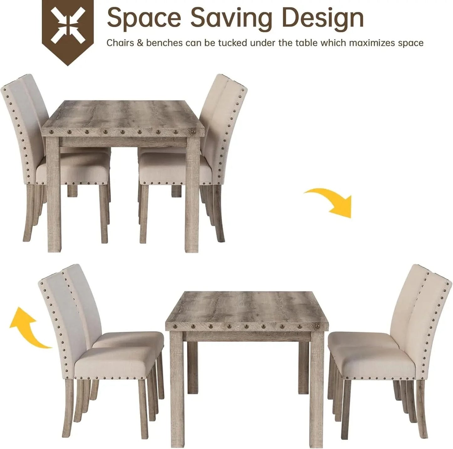 Rustic Dining Table, Farmhouse Kitchen Dining Chairs , Charming 60" Rectangular Wooden Table& Upholstered