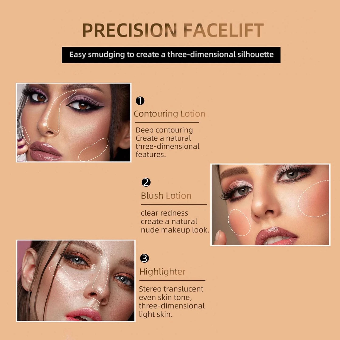 3 Pcs Liquid Contour,Liquid Highlighter,Liquid Blush Stick Makeup Kit, Luminizer Fair Contour+Pink Blush +Pearl White Highlight