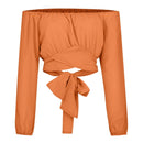 Women Sexy Off Shoulder Blouse Chic and Elegant Printing Lantern Long Sleeve Lace Up Bow Cropped Tops Casual Slim Shirts 2024