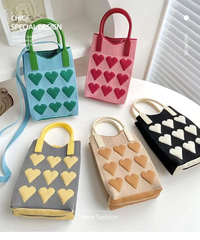 Korean Fashion Heart Knitted Mini Square Handbag for Women Small Mobile Phone Shoulder Bags Girls Cute Outdoor Crossbody Bags - M & M Global