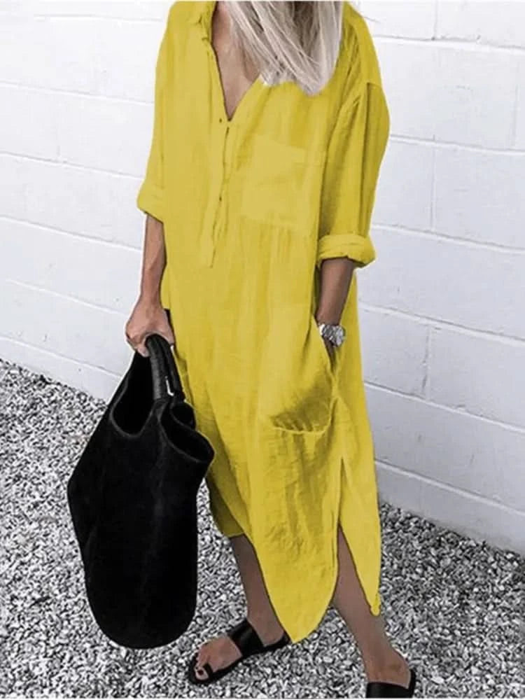 Spring Summer Women's Solid Color Loose Split Shirt Midi Dress Elegant Casual Button Pocket V-Neck Long Sleeve Long Dress 2024 - M & M Global