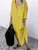 Spring Summer Women's Solid Color Loose Split Shirt Midi Dress Elegant Casual Button Pocket V-Neck Long Sleeve Long Dress 2024 - M & M Global