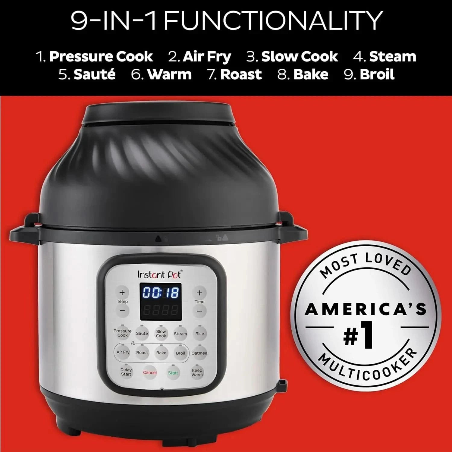Crisp 9-in-1 Electric Pressure Cooker and Air Fryer Combo with Stainless Steel Pot, Pressure Cook, Slow Cook, Air Fry, Roast, St - M & M Global