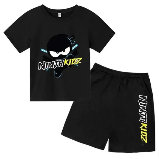 2025 Summer Short sleeved Round neck T-shirt+Shorts Set Ninja Children's Printed Boys and Girls' Cotton Breathable Children's Ca - M & M Global