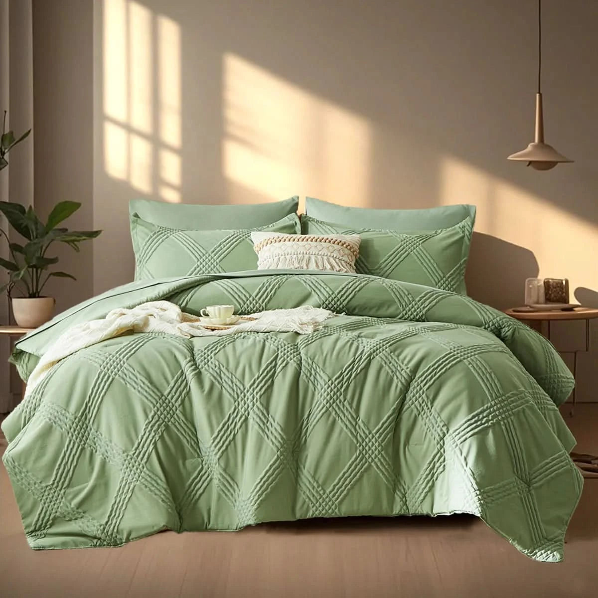 Green textured bedspread set on a bed in a softly lit bedroom.

7-piece comforter set

Brushed microfiber bedding

Ultra-soft quilt set

Lightweight comforter set

Machine washable bedding

All-season bedding set

Luxury bed set queen size

Bedding gift set

Modern bedroom decor