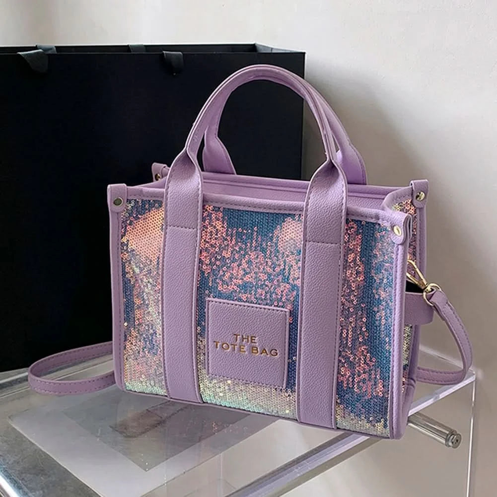 New The Tote Bag Letter Printed Sequins Top-Handle Bag Women Leather Handbag Luxury Designer Glitter Shoulder Crossbody Bag - M & M Global