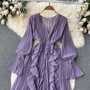 Purple/Brown/Red Chiffon Pleated Long Dress Women Vintage V-Neck Flare Sleeve Draped Ruffle Vestido Female Maxi Robe Spring Fall - M & M Global