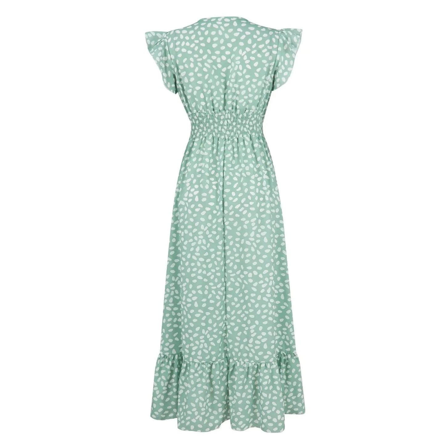 Polka Dot Dress For Women Sexy V-Neck Long Dress Casual And Fashionable Ruffle Edge Short Sleeved High Waisted Dress - M & M Global