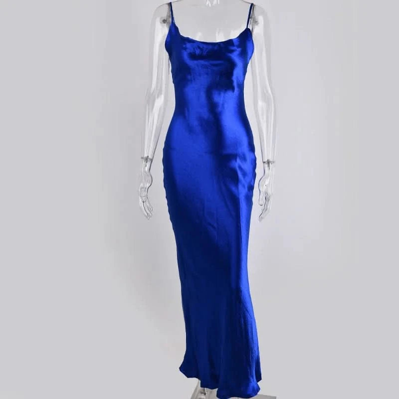 Sibybo Sexy Spaghetti Strap Backless Satin Dress Women Y2K Blue Lace Up Trumpet Long Dress Elegant Bodycon Party Dresses 2022 - M & M Global